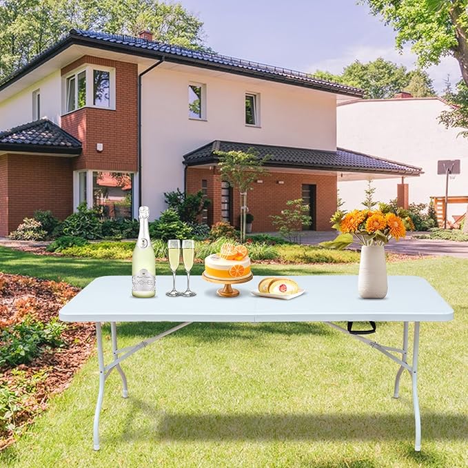 Icoud 6ft Plastic Folding Table Portable Heavy Duty White Dining Table Fold-in-Half for Camp Party Kitchen Indoor Outdoor