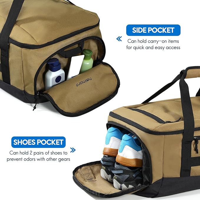 Haimont Large Collapsible Duffle Bag Backpack for Travel, Water-Resistant 60L Weekender Bag with Shoe Pocket, Men & Women, Sports, Traveling, Camping, Outdoor, Brown