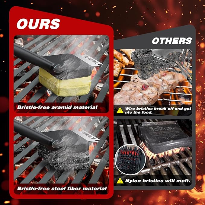 Grill Brush for Outdoor Grill - Bristle Free Grill Cleaner Brush, BBQ Brush with Durable Scraper for Cast Iron or Stainless-Steel Grates, 2 Replaceable Heat-Resistant Heads (Grill Brush Yellow)