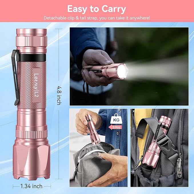 LETMY Rechargeable Flashlights High Lumens, 2 Pack 2000 Lumens Bright LED Tactical Flashlight, 3 Modes Samll Powerful Flash Lights with Clip, Waterproof Flashlights for Home Emergency Camping (Pink)