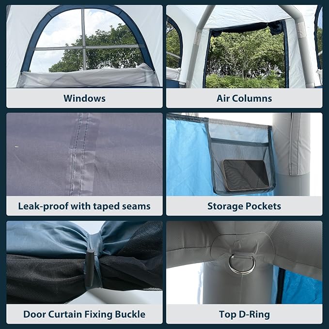 Inflatable Camping Tent for 2-4 Person, Glamping Blow up Tent with Hand Pump, Oxford Waterproof Air Cabin Tent with Mesh Windows & Door