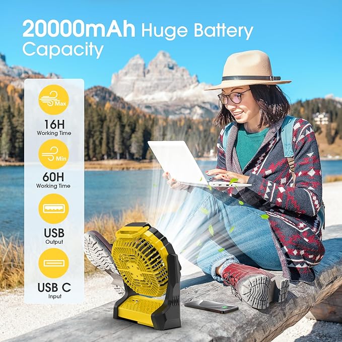 Portable Fan Rechargeable, 20000mAh Cordless Battery Powered Fan with LED Lantern, USB C Battery Operated for Travel Bedroom Home Camping Tent Office Beach Desk Fishing Table Yellow
