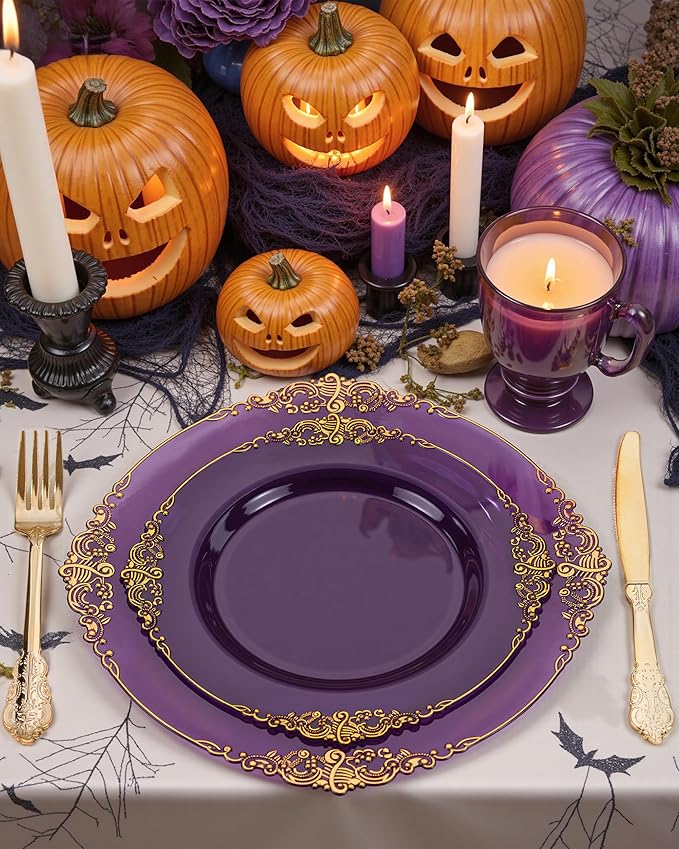 Nervure 175PCS Clear Purple Plastic Plates - Purple Party Plates Set for 25 Guests Include 25Dinner Plate, 25Dessert Plate, 25Cups, 75 Cutlery, 25Napkins Perfect for Wedding & Party