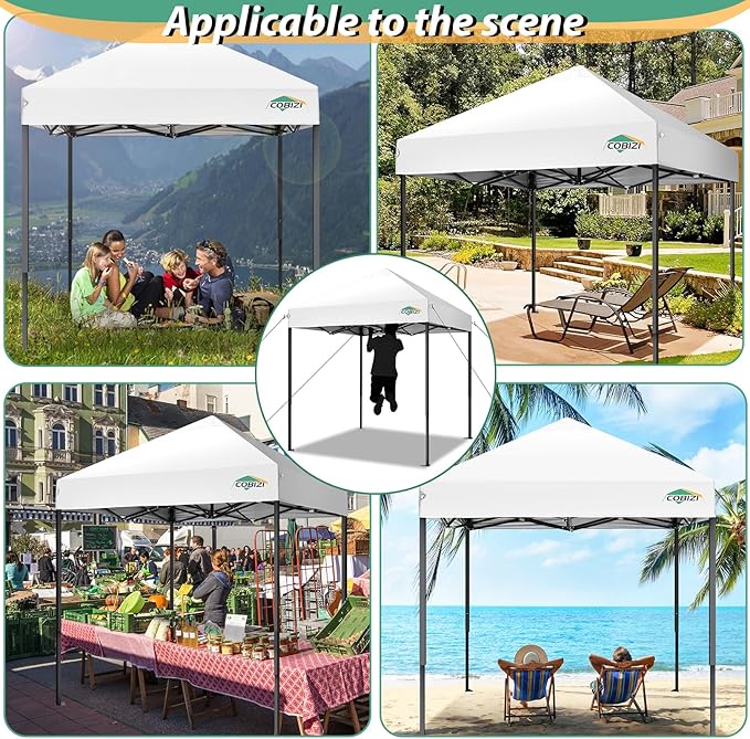 COBIZI 6.6x6.6ft Pop Up Canopy Tent, Heavy Duty Canopy Easy Set up All Weather Waterproof Outdoor Canopy Tent for Parties, Beach, Garden, Camping with 1 Handbag, 3 Adjustable Heights, UPF50+, White