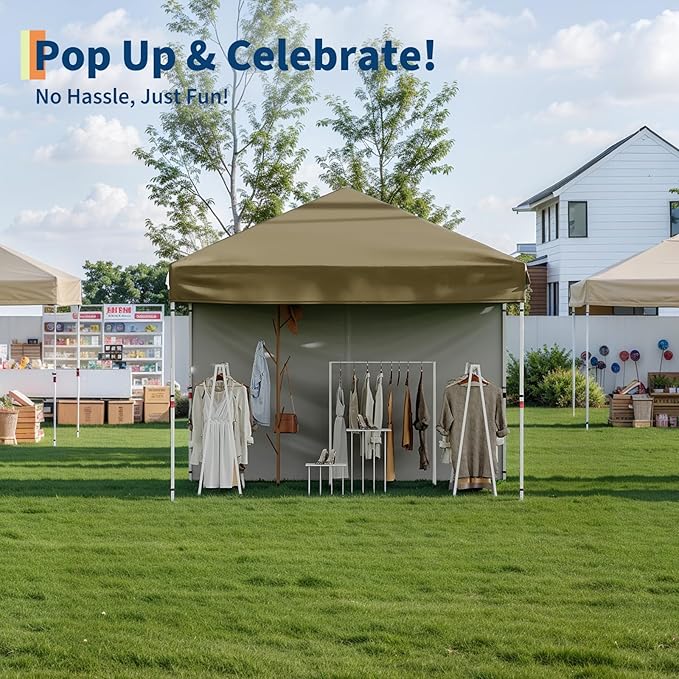 10x10 Pop Up Canopy Tent Outdoor Canopy with 1 Removable Sidewall One-Person Set Up Heavy Duty Commercial Instant Tent Shelter-Brown
