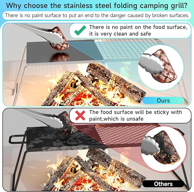 24'' Folding Campfire Grill Grate, Heavy Duty Campfire Cooking Equipment For Compact Storage, Portable Camping Grates Over Fire Pit, Outdoor Campfire Grill And Griddle For Versatile Cooking