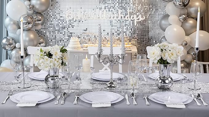 Nervure 100PCS White and Silver Plastic Plates - 10.25Inch Silver Disposable Plates - Heavyweight Dinner Plates for Wedding & Party & Holiday