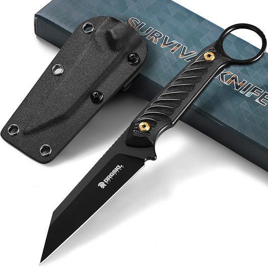 Sheepsfoot Fixed Blade Knife - Full Tang Survival Knives with Sheath, Camping Knives for Men, Black Knives Forged from a Single Piece of D2 Steel, Ideal Gift for Men