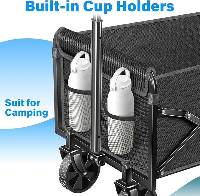 Wagons Carts Foldable, Collapsible Wagon Cart with Wheels - Beach Wagon Cart with Wheels for Sand Sports Camping Grocery, Black