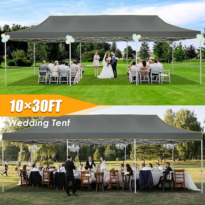 HOTEEL 10x30 Heavy Duty Pop Up Canopy Tent for Parties Event Wedding Commercial Instant Canopy with Wheeled Bag, Party Tent Waterproof UV 50+&Windproof, Upgraded Thick Hexagonal Legs, Gray