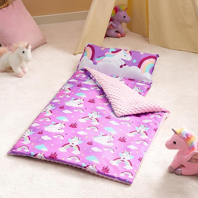 JOIEDOMI Toddler Nap Mat for Preschool 55''x30'' Sleeping Mat with Removable Pillow and Minky Blanket for Kids Ages 3-7 Roll Up Soft Kids Sleeping Bag for Boys Girls Kindergarten Daycare Sleepover