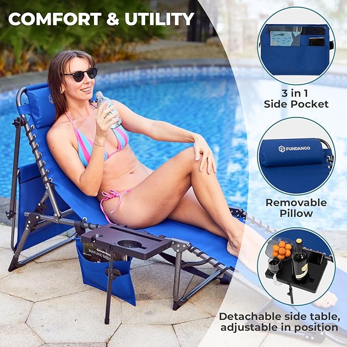 FUNDANGO 4 in 1 Tanning Chair with Face Hole, Beach Lounge Chair w/Canopy Shade & Side Table Chaise Lounge Chairs for Patio, Pool, Lawn, Sunbathing, 5-Position Adjustable Sun Lounger, Blue