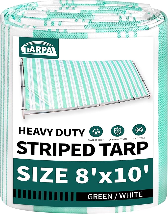 TARPAL Heavy Duty Poly Tarp 8x10 Feet 12mil Striped tarp Multipurpose Protective Cover Durable, Waterproof, Weather Proof, UV,Rip and Tear Proof（Green/White）