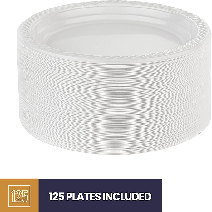 125 Pack - 9 Inch White Plastic Plates Disposable Strong and Sturdy