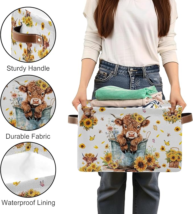 Highland Cow Rectangle Storage Basket - Highland Cow Themed Collection Collapsible Storage Baskets with Handles - Cute Cows Pattern Storages Bin for Kids Clothes, Gifts, Books,Toys