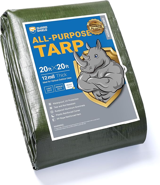 GUARD SHIELD Tarp Green Tarps Heavy Duty Waterproof 20x20 Feet Extra Large Outdoor Tarp Cover 12mil