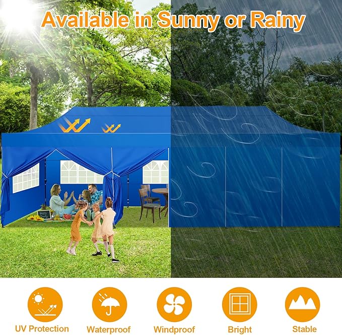 COBIZI 10x30 Pop Up Canopy with 8 Sidewall,Heavy Duty Canopy UPF 50+ All Season Wind Waterproof Commercial Outdoor Wedding Party Tents for Parties Canopy Gazebo with Roller Bag(10 x 30 ft Blue)