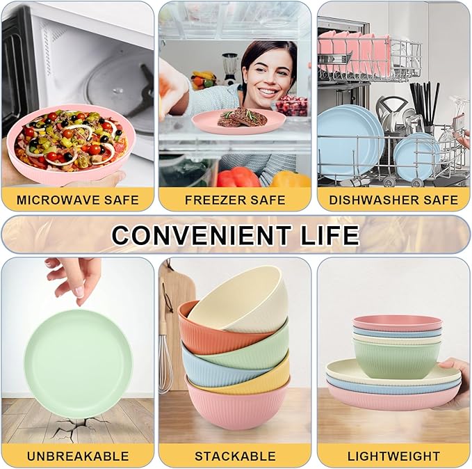 18PCS Wheat Straw Dinnerware Sets Unbreakable Dinnerware Sets Reusable Cups Plates and Bowls Sets Microwave for Kitchen Travel Camping