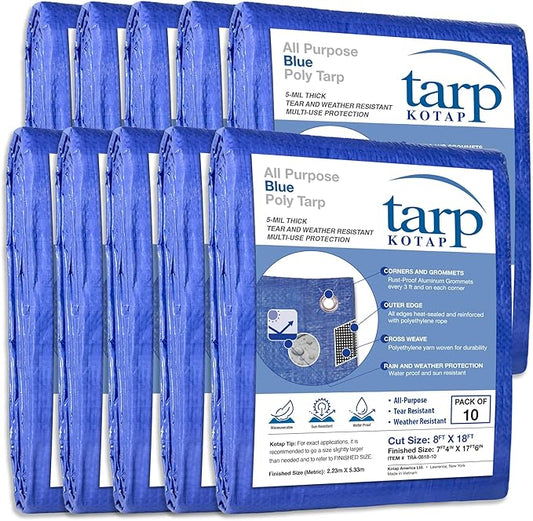 KOTAP All-Purpose Multi-Use 5-mil Poly Tarp, Blue, Cut Size 8 x 18 ft./Finished Size 7 ft. 4 in. X 17 ft. 6 in., TRA-0818-10, Waterproof
