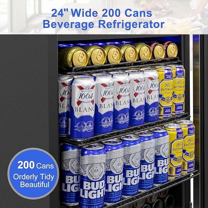 Beverage Refrigerator 24 inch-200 Can Drink Fridge with Glass Door, Under Counter/Freestanding Beverage Cooler with Temperature Memory, Reversible Door, Quick Cooling, Cooler for Beer, Soda, Wine