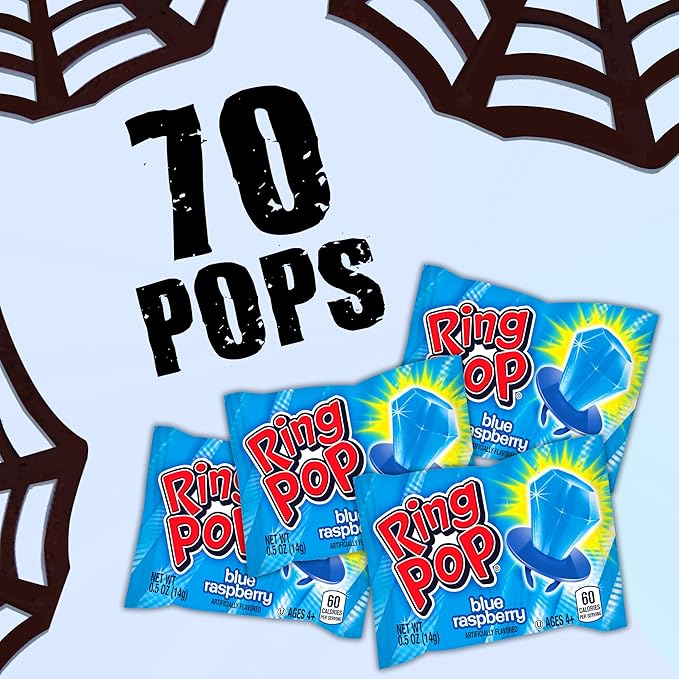 Ring Pop Individually Wrapped Candy 70 Count Bulk Lollipop Pack – Halloween Candy Bulk Individually Wrapped, Blue Raspberry Flavored Lollipop Suckers, Gender Reveal, Baby Showers & Party Favors