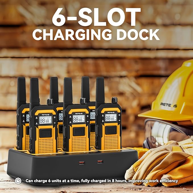 Retevis RB48 Walkie Talkies for Adults, Heavy Duty 2 Way Radios Long Range with Six-Way Charger, IP67 Waterproof, Shock Resistant, Dual PTT, for Jobsite Construction(6 Pack)