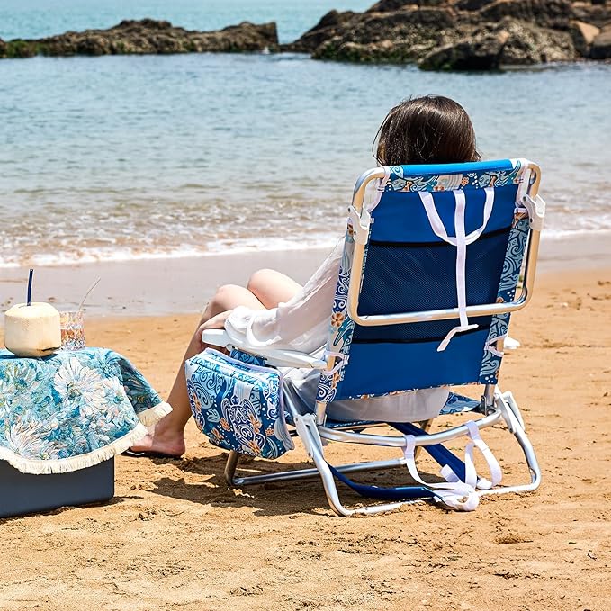 Reclining Beach Chair Backpack 5-Position Lay Flat Lounge Chair for Adults Heavy Duty Portable Folding Lightweight with Cooler Bag Camping Chair for Sand Outdoor