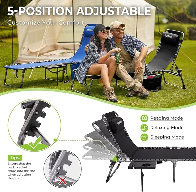 FUNDANGO Folding Chaise Lounge Chair with Soft Pad & Side Table for Outside, Patio, Beach, Sunbathing, Adjustable 5 Position Portable Camping Reclining Chair with Pillow