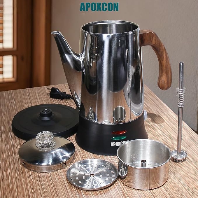 Electric Coffee Percolator Stainless Steel Coffee Maker with Two Heat Resistant Glass Knob & Treated Solid Wood Handle Keep Warm Cordless Serve Elegant Design Coffee Pot On/OFF Switch 8 Cup