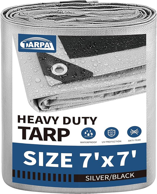 TARPAL 7x7 Feet Tarps Silver 10.5Mil Multipurpose Protective Cover Heavy Duty Tarp Waterproof,Snow or UV Protection, Durable Reinforced Edges