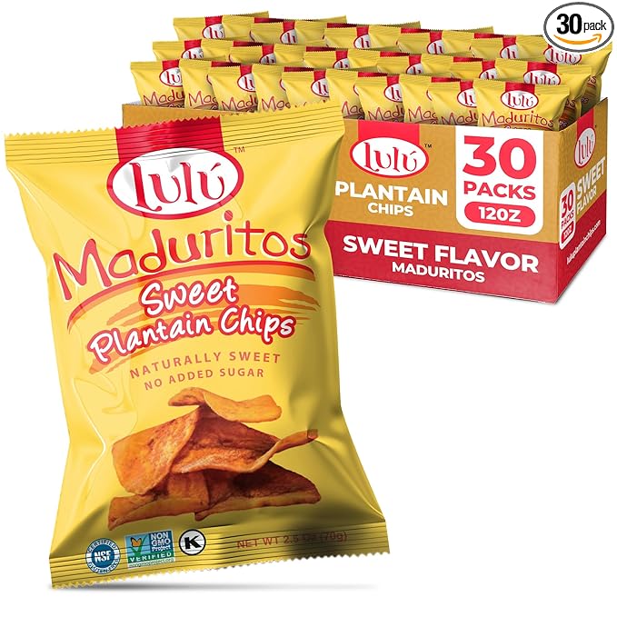 LULU Plantain Chips - Maduritos Sweet Plantain Chips, 30 Individual Bags (2.5 Oz Each) - Crunchy, Delicious, Gluten-Free Healthy Snacks - No Preservatives or Artificial Colors, Sustainably Sourced