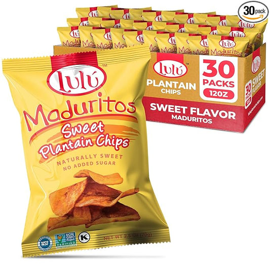 LULU Plantain Chips - Maduritos Sweet Plantain Chips, 30 Individual Bags (2.5 Oz Each) - Crunchy, Delicious, Gluten-Free Healthy Snacks - No Preservatives or Artificial Colors, Sustainably Sourced