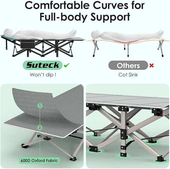 Suteck Camping Cot, Folding Camping Cot Bed for Adults Sleeping 1200D Double Layer Oxford Portable Folding Outdoor Cots for Camping W/Soft Pad Carry Bag for Home Office Nap Beach Travel, 500LBS,Purple