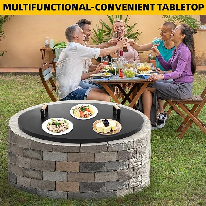 G GOOD GAIN Firepit Lid Round 34 Inch - Rust Resistant Fire Pit Lid Cover with Wooden Handle & Gloves, Fire Pit Snuffer Lid for Courtyards, Patio, Winter Cold Protection. Fits Fire Pits Up to 32"