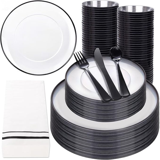 NOCCUR 350PCS Clear and Black Plastic Plates - Disposable Dinnerware Set for 50 Guests Include 100 Dinner/Dessert Plates,150 Black Cutlery,50 Cups&50 Napkins Ideal for Party, Birthday, Halloween