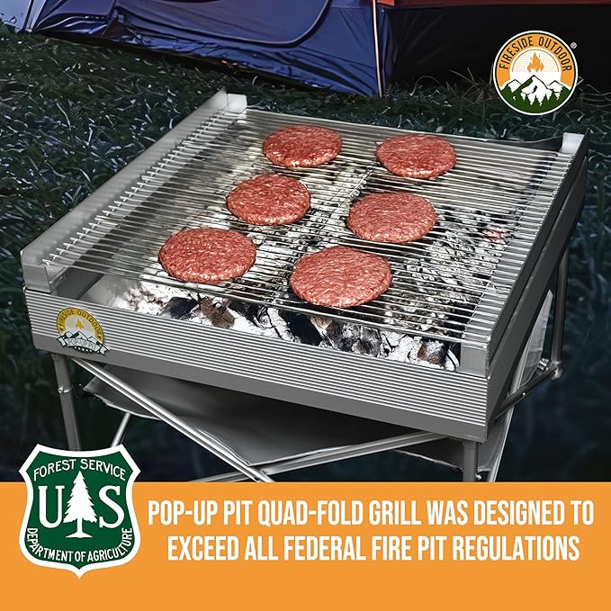 Fireside Outdoor Pop-Up Fire Pit Grill Grates - Folding Campfire Grill Grate Over Fire Pit Grate, Portable BBQ Grills, Camping Cooking, Camping Essentials, Outdoor Cooking - Quad-Fold Grates