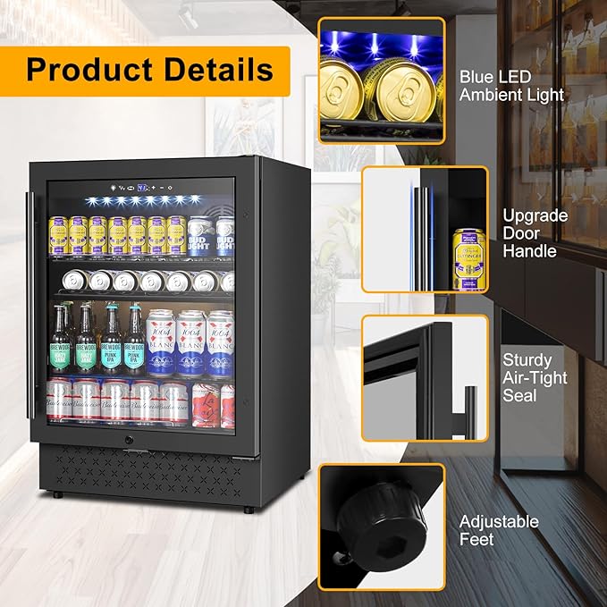 Beverage Refrigerator 24 Inch 200 Can Drink Fridge with Glass Door, Under Counter/Freestanding Beverage Cooler with Temperature Control, Reversible Door, Quick Cooling for Beer Soda Wine, Black