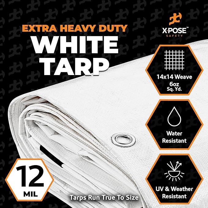 Heavy Duty White Poly Tarp 30' X 50' - Multipurpose Protective Cover - Durable, Waterproof, Weather Proof, Rip and Tear Resistant - Extra Thick 12 Mil Polyethylene - by Xpose Safety