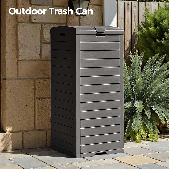 38 Gallon Outdoor Trash Can Waterproof Resin Garbage Can with Tiered Lid & Drip Tray Indoor and Outdoor Use Trash Bin for Patio Kitchen, Backyard & Deck, Black