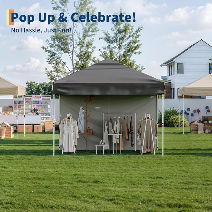 10x10 Pop Up Canopy Tent Outdoor Canopy with 1 Removable Sidewall One-Person Set Up Heavy Duty Commercial Instant Tent Shelter-Gray