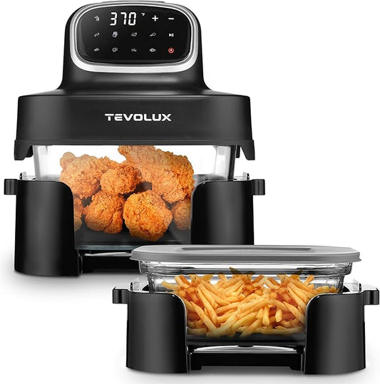 4-in-1 Portable Glass Air Fryer Cooking System, 1500W, 6.3QT & 4.4QT Glass Containers with Storage Lids, Microwave, Freezer & Dishwasher Safe