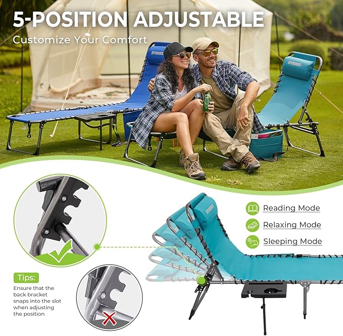 FUNDANGO Folding Chaise Lounge Chair Outdoor, 5 Positions Foldable Beach Lounges Chairs for Adults with Side Table & Pillow for Outside Tanning Pool Camping Patio Lawn (Cyan)