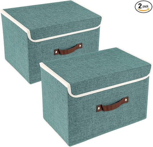 TYEERS Collapsible Storage Boxes, Washable Fabric Storage Bins with Lids, 14.9x9.8x9.8 inches, 2 Pack, Aqua Deep