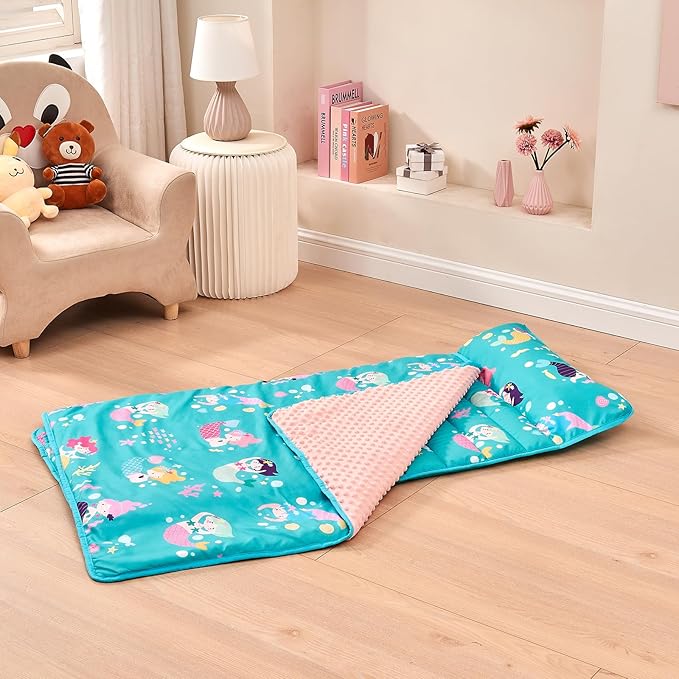 beeweed Toddler Nap Mat, Rollup Design Kid Sleeping Mat with Removable Pillow & Minky Blanket, Toddler Sleeping Bag for Daycare Preschool Travel Camping