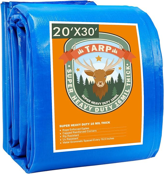Large Tarps Heavy Duty Waterproof 20x30, Blue Tarp, Waterproof Plastic Poly 16 Mil Thick Tarpaulin with Metal Grommets Every 19.5 Inches - Emergency Rain Shelter, Outdoor Cover, and Camping Use