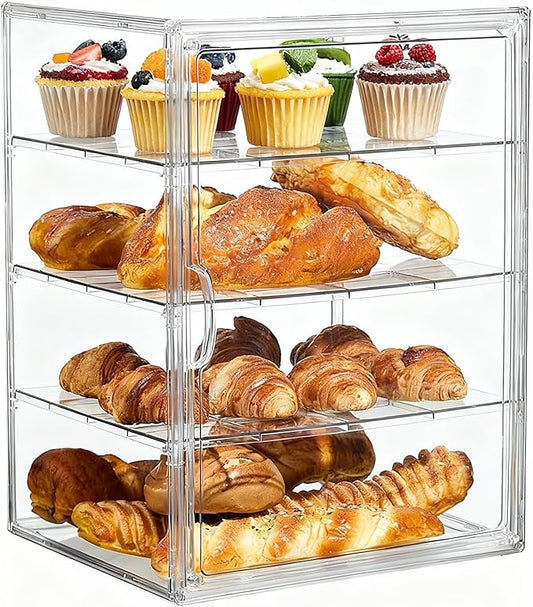 Clear Acrylic Display Case, 4-Tier Bread Box for Kitchen Countertop, 15.5x11.4x9.8 Inch Bread Storage Container with Magnetic Door for Bakery, Cookies, Donuts