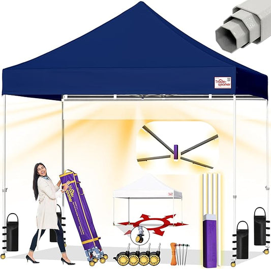 Tradesparker 8x8 Pop Up Canopy Tent,Easy up Commercial Canopy Tent Instant Shelter for Beach Events Parties Camping Market,Pop Up Canopies with LED Curtain+Casters+Weight+Stakes,Navy Blue