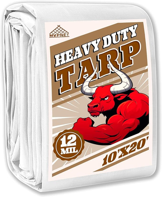 Tarp 10x20 ft Heavy Duty 12mil 100% Waterproof High Durability Multipurpose,Uv Resistant,White Tarp Suitable for Swimming Pools, Boats, Camping, Courtyards, Etc -by MVPNET