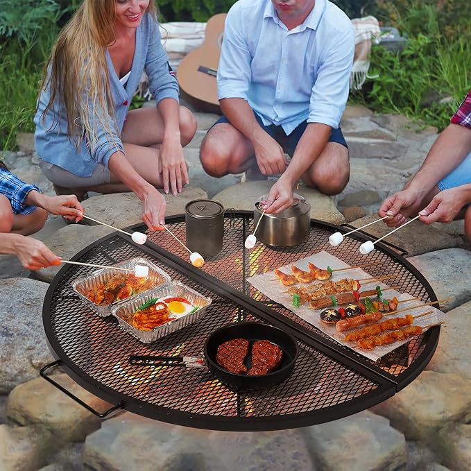 Lineslife X-Marks Fire Pit Cooking Grill Grates Portable, Heavy Duty Foldable Round Campfire Grill Grate, Firepit Grill Grate with Handles, Ideal for Outdoor BBQ Picnics, 36 Inch Black