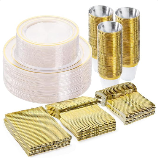 300PCS Plastic Dinnerware Set (50 Guests), Clear Gold Disposable Plates for Party, Wedding, Christmas, Anniversary, Includes: Dinner Plates, Dessert Plates, Cups, Spoons, Forks and Knives